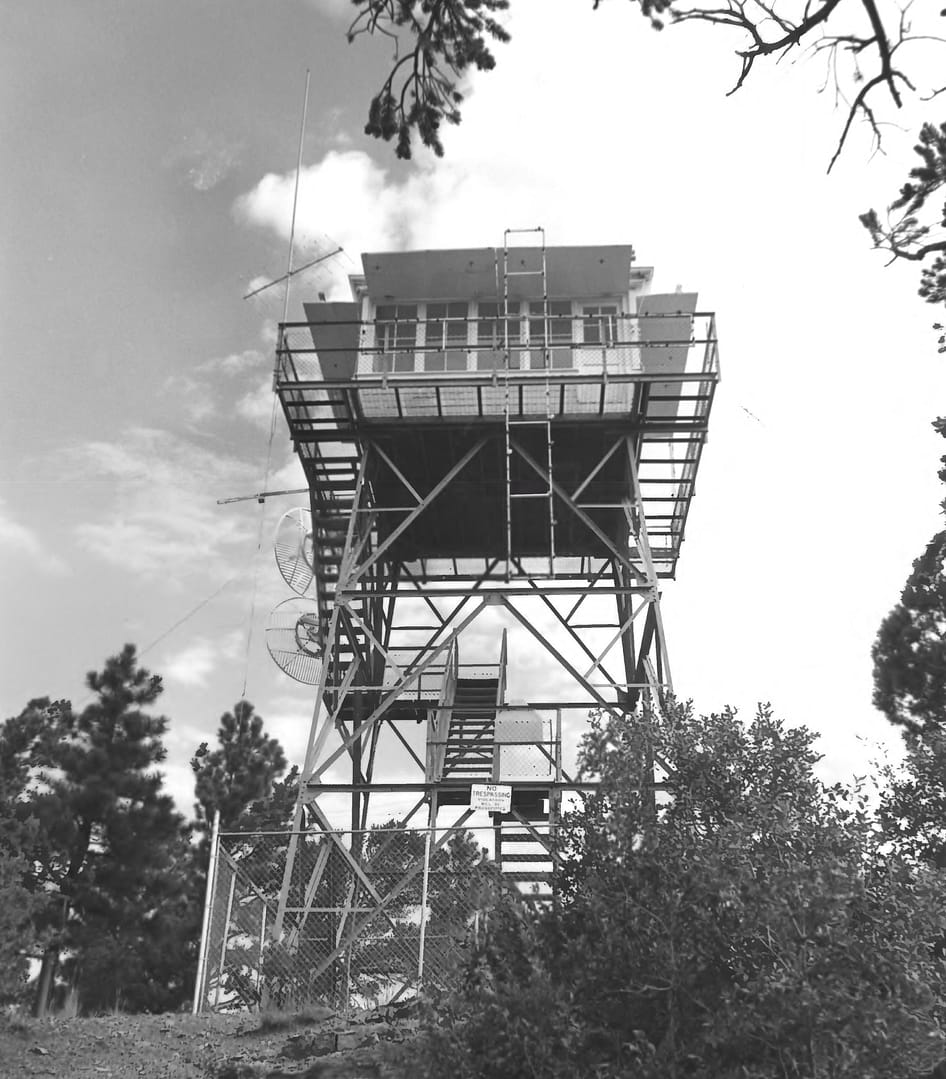 Black and white photo of the Ruidoso Lookout Tower